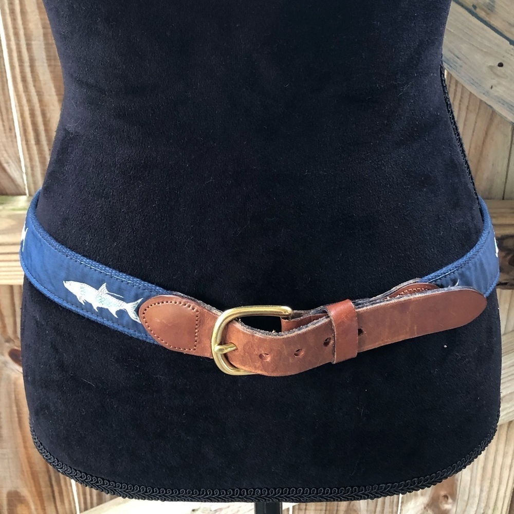Leather Man Tarpon Fish Blue Ribbon Tan Canvas Belt Brown Leather Tabs Size 36